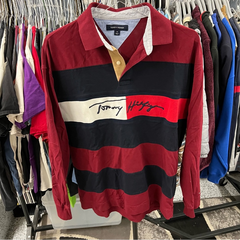 90's Style Tommy Hilfiger Striped Polo Long Sleeve Shirt Men's M Red Blue White